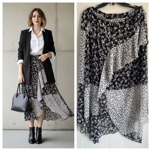 Violet B Black White Patchwork Floral Skirt Large Whimsigoth Lagenlook Ruffle